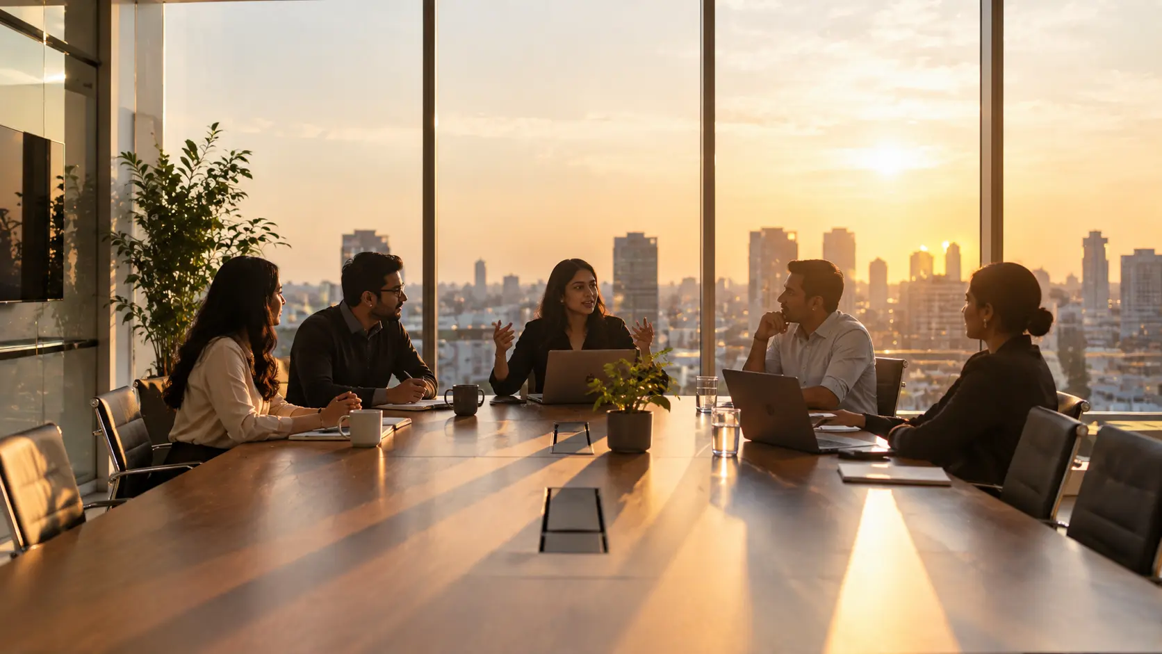 A leadership team meeting at sunset in a boardroom.