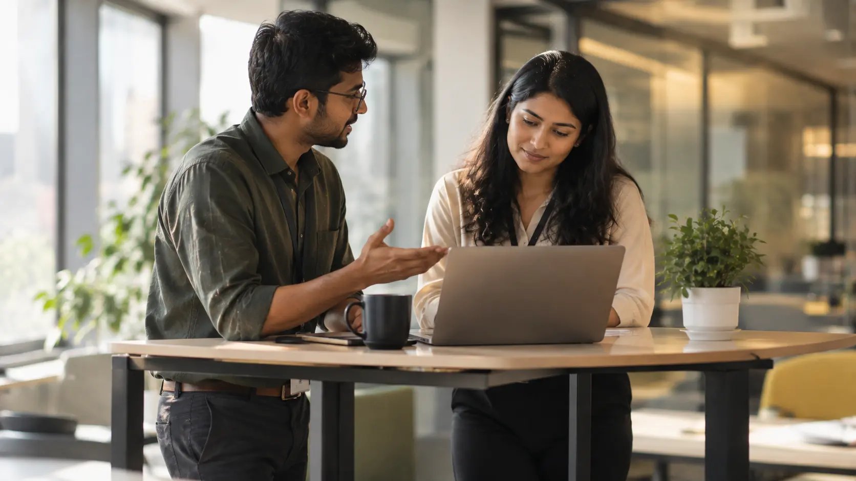 A colleague explaining a valuation to an employee at a standing desk.