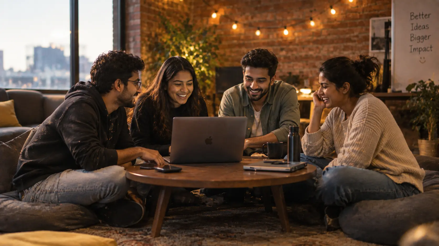 A young startup team working together around a low table.