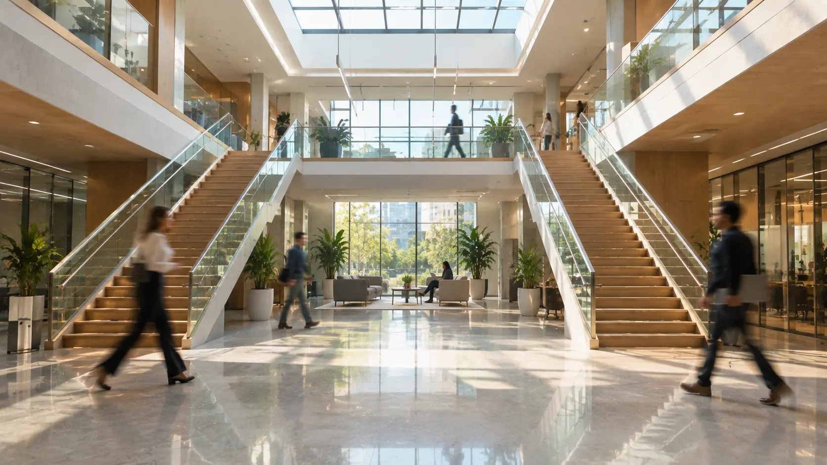 A bright office atrium with people moving through it.