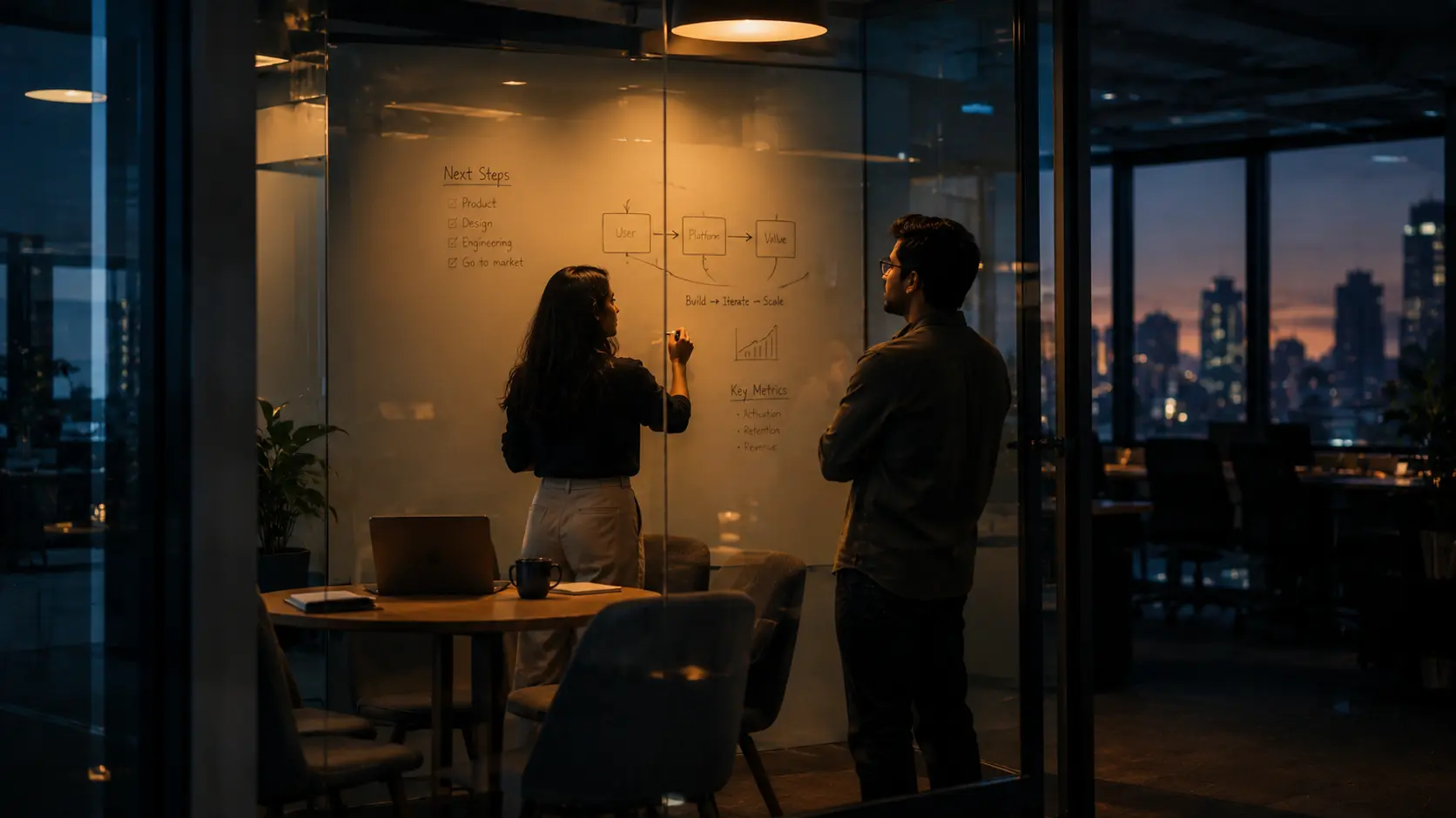 Two colleagues working through a plan on a glass wall in the evening.