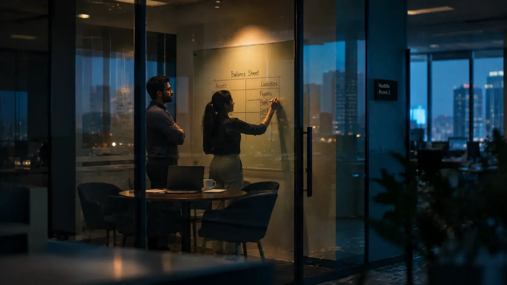 Two colleagues mapping assets and liabilities on a whiteboard in an office at night.