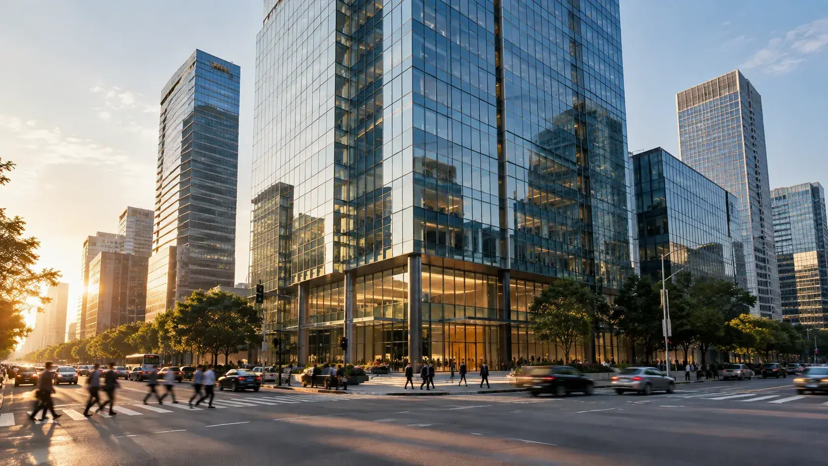 A business district of glass office towers at sunrise with people crossing the road.