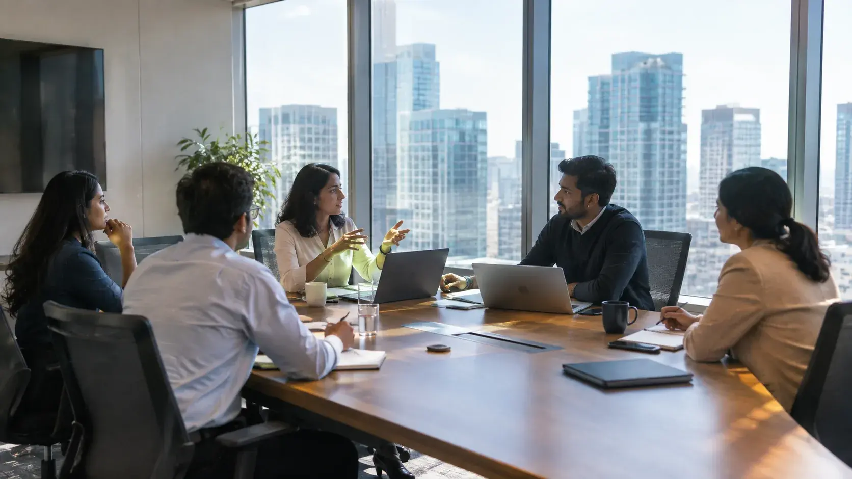 A leadership team in a boardroom discussion with a city skyline behind them.