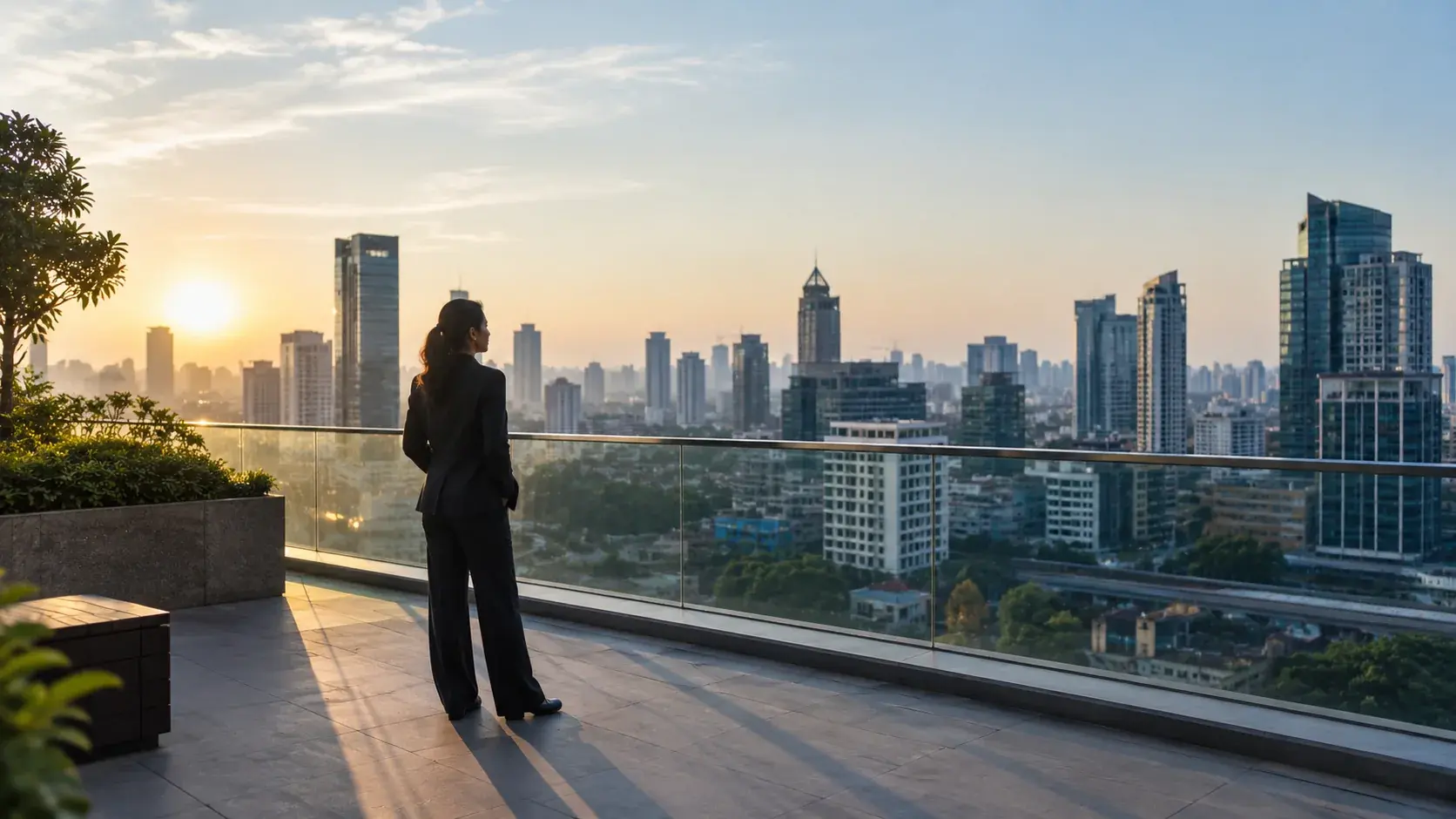 A professional looking out over a city skyline at sunrise from a rooftop terrace.